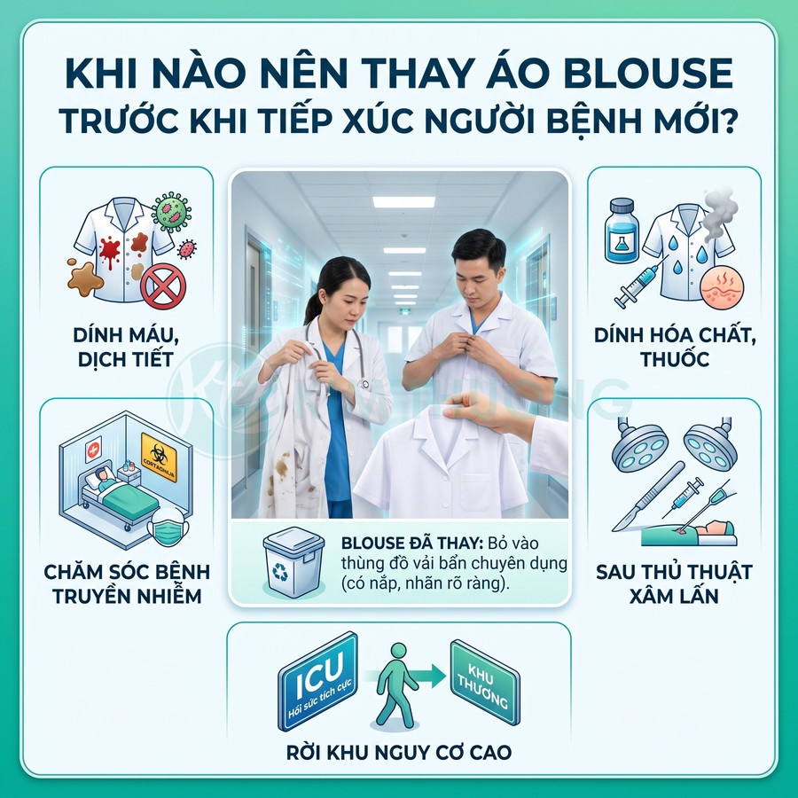 Hướng dẫn thay áo blouse cho bác sĩ khi dính máu, hóa chất, sau thủ thuật hoặc rời khu nguy cơ cao